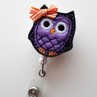Purple and Black Owl with bow - Holiday Badge Reel - Nurses Badge Holder - Nursing Badge Holder - Teacher Badge Reel - Halloween Badge Reel - Thumbnail 2