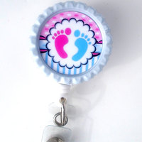 Labor and Delivery Nurse Baby Pink and Blue Baby Feet - Pediatric Badge Holder - Nursing Badge Reel - Name Badge Holder - RN - OB Badge Clip - Thumbnail 1