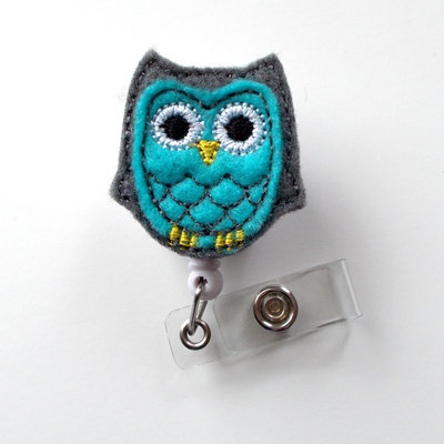 Blue and gray owl - retractable id badge reel - name badge holder - cute badge reel - nurse badge holder - nursing badge clip - feltie badge