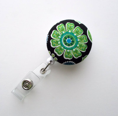 Green flower on black fabric - cute id badge reel - nurse badge holder - nursing badge reel - retractable id badge reel - teacher badge