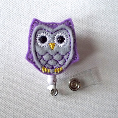 Purple passion owl - retractable id badge reel - name badge holder - cute badge reel - nurse badge holder - nursing badge clip - felt badge