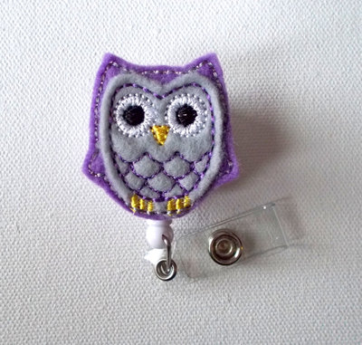 Purple passion owl - retractable id badge reel - name badge holder - cute badge reel - nurse badge holder - nursing badge clip - felt badge