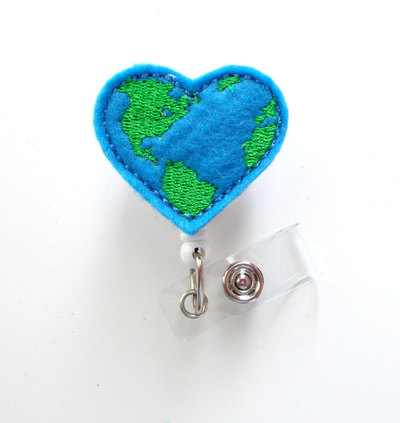 Earth heart - retractable badge reel - md badge holder - teacher badge reel - nurse badge holder - nursing badge clip - felt badge