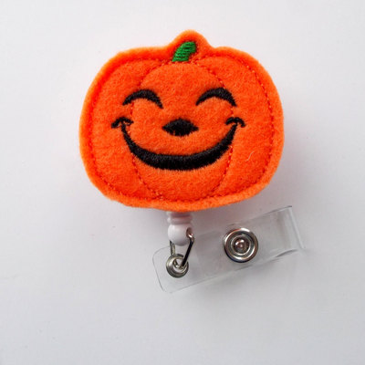 Smiling pumpkin - unique id badge reel - halloween badge holder - cute badge reel - nurse badge holder - nursing badge clip - felt badge