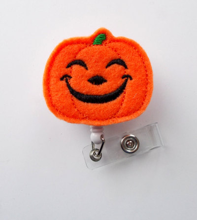 Smiling pumpkin - unique id badge reel - halloween badge holder - cute badge reel - nurse badge holder - nursing badge clip - felt badge