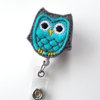 Blue and Gray Owl - Retractable ID Badge Reel - Name Badge Holder - Cute Badge Reel - Nurse Badge Holder - Nursing Badge Clip - Feltie Badge - Thumbnail 1