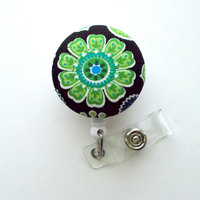 Green Flower on Black Fabric - Cute ID Badge Reel - Nurse Badge Holder - Nursing Badge Reel - Retractable ID Badge Reel - Teacher Badge - Thumbnail 1
