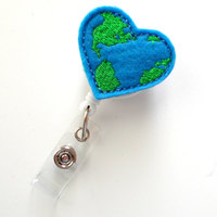 Earth Heart - Retractable Badge Reel - MD Badge Holder - Teacher Badge Reel - Nurse Badge Holder - Nursing Badge Clip - Felt Badge - Thumbnail 1