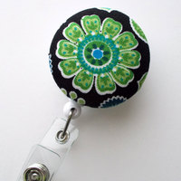 Green Flower on Black Fabric - Cute ID Badge Reel - Nurse Badge Holder - Nursing Badge Reel - Retractable ID Badge Reel - Teacher Badge - Thumbnail 2