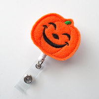 Smiling Pumpkin - Unique ID Badge Reel - Halloween Badge Holder - Cute Badge Reel - Nurse Badge Holder - Nursing Badge Clip - Felt Badge - Thumbnail 1