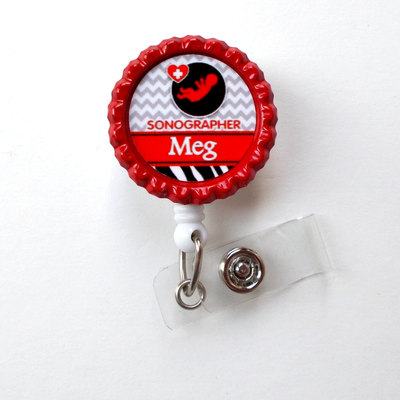 Personalized sonographer - name badge holder - retractable id badge reel  - ultrasound tech badge holder - sonographer badge - bottle cap id