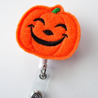 Smiling Pumpkin - Unique ID Badge Reel - Halloween Badge Holder - Cute Badge Reel - Nurse Badge Holder - Nursing Badge Clip - Felt Badge - Thumbnail 2