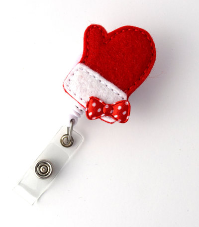 Santa mitten - retractable id felt badge holder - holiday badge reel - nurses badge holder - nurse badge - teacher badge