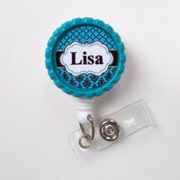 Personalized Badge Moroccan Damask Blue and Black - ID Badge Holder - Name Badge Holder - Teacher Badge - Nursing Badge - Nurse Badge Holder - Thumbnail 1