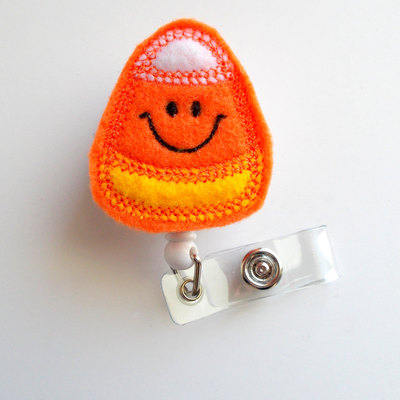 Halloweeen candy corn  - cute badge holder - nurses badge holder - felt badge - nursing badge holder - teacher badge reel - rn badge reel