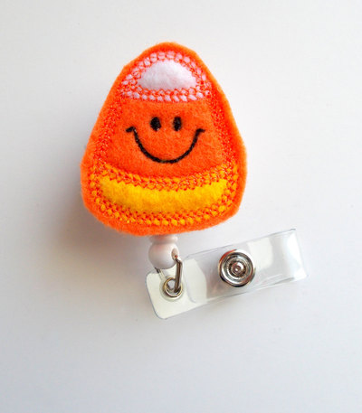 Halloweeen candy corn  - cute badge holder - nurses badge holder - felt badge - nursing badge holder - teacher badge reel - rn badge reel