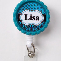 Personalized Badge Moroccan Damask Blue and Black - ID Badge Holder - Name Badge Holder - Teacher Badge - Nursing Badge - Nurse Badge Holder - Thumbnail 2