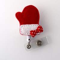 Santa Mitten - Retractable ID Felt Badge Holder - Holiday Badge Reel - Nurses Badge Holder - Nurse Badge - Teacher Badge - Thumbnail 2