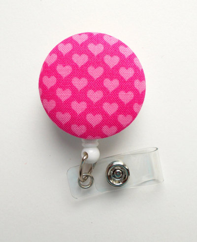 Pink hearts fabric button - retractable id felt badge holder - valentine badge reel - nurses badge holder - cardiac badge - teacher badge