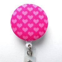 Pink Hearts Fabric Button - Retractable ID Felt Badge Holder - Valentine Badge Reel - Nurses Badge Holder - Cardiac Badge - Teacher Badge - Thumbnail 1