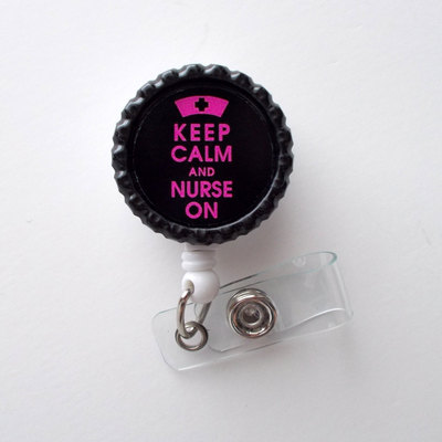 Keep calm and nurse on neon pink  - name badge holder -  id badge holder - id badge reel - nurse id badge clip