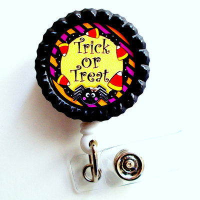 Trick or treat - name badge holder - teacher badge - nursing badge reel - teacher  badge reel - nurses badge - halloween badge clip