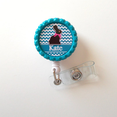 Personalized easter bunny aqua - id badge holder - badge reel - name badge holder - bottle cap badge - nursing badge - nurse badge holder