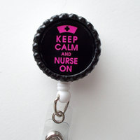 Keep Calm and Nurse On Neon Pink  - Name Badge Holder -  ID Badge Holder - ID Badge Reel - Nurse ID Badge Clip - Thumbnail 2