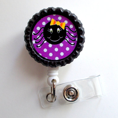 Black spider purple polka dots - medical badge reel - badge clip - nursing badge - teacher  badge - nurses badge - halloween badge