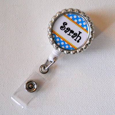 Personalized blue and white polka dot - bottle cap id badge reel - rn badge - cute badge reels - name badge holder