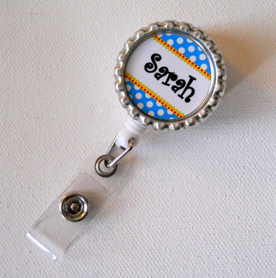 Personalized blue and white polka dot - bottle cap id badge reel - rn badge - cute badge reels - name badge holder