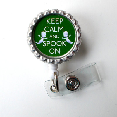 Keep calm and spook on green - name badge holder - ghost badge reel  - nursing badge - teacher  badge - nurses badge - halloween badge