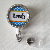 Personalized blue and white polka dot - Bottle Cap ID Badge Reel - RN Badge - Cute Badge Reels - Name Badge Holder - Thumbnail 1