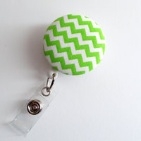 Lime Green Chevron - Retractable ID Badge Holder - Cute ID Badge Reel - Name Tag Holder - Nursing Badge Clip - RN - Teacher Badge - Thumbnail 2