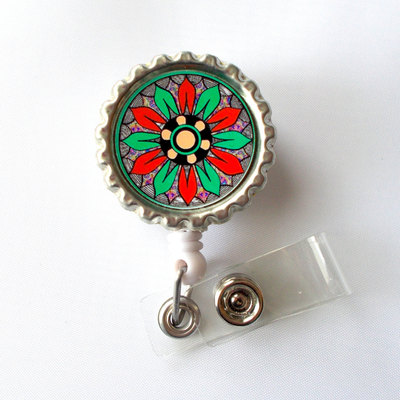 Funky flower green and red - flower badge holder -  nursing badge holder - id badge reel - nurse id badge clip
