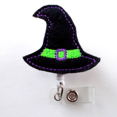 Witch hat purple and green - name badge holder - halloween badge reel - nurse badge holder - nursing badge clip - felt badge - rn gift