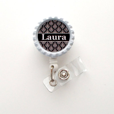 Personalized damask white and black - id badge holder - name badge holder - teacher badge - nursing badge - nurse badge holder - rn