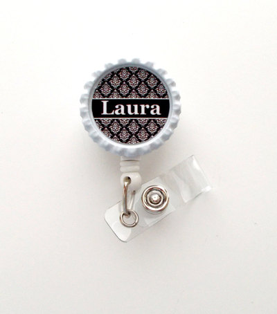 Personalized damask white and black - id badge holder - name badge holder - teacher badge - nursing badge - nurse badge holder - rn