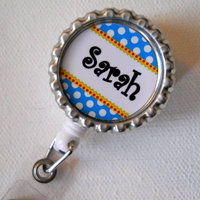 Personalized blue and white polka dot - Bottle Cap ID Badge Reel - RN Badge - Cute Badge Reels - Name Badge Holder - Thumbnail 2