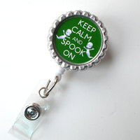 Keep Calm and Spook On Green - Name Badge Holder - Ghost Badge Reel  - Nursing Badge - Teacher  Badge - Nurses Badge - Halloween Badge - Thumbnail 2