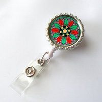 Funky Flower Green and Red - Flower Badge Holder -  Nursing Badge Holder - ID Badge Reel - Nurse ID Badge Clip - Thumbnail 1
