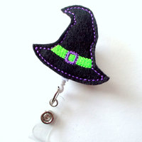 Witch Hat Purple and Green - Name Badge Holder - Halloween Badge Reel - Nurse Badge Holder - Nursing Badge Clip - Felt Badge - RN Gift - Thumbnail 1