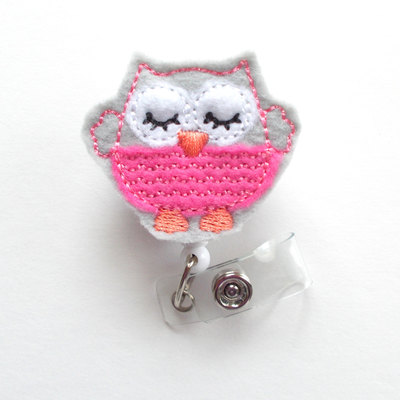 Sweet owl pink - retractable id badge reel - teacher badge holder - cute badge reel - nurse badge holder - nursing badge clip - felt badge