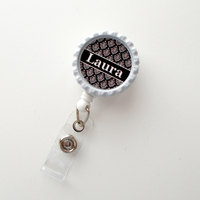 Personalized Damask White and Black - ID Badge Holder - Name Badge Holder - Teacher Badge - Nursing Badge - Nurse Badge Holder - RN - Thumbnail 1