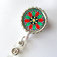 Funky Flower Green and Red - Flower Badge Holder -  Nursing Badge Holder - ID Badge Reel - Nurse ID Badge Clip - Thumbnail 2