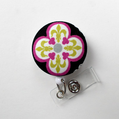 Fleur de lis flower fabric button badge reel - nurse badge holder - nursing badge reel - retractable id badge reel - teacher badge - nurse