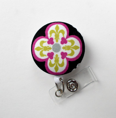 Fleur de lis flower fabric button badge reel - nurse badge holder - nursing badge reel - retractable id badge reel - teacher badge - nurse