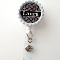 Personalized Damask White and Black - ID Badge Holder - Name Badge Holder - Teacher Badge - Nursing Badge - Nurse Badge Holder - RN - Thumbnail 2