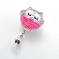 Sweet Owl Pink - Retractable ID Badge Reel - Teacher Badge Holder - Cute Badge Reel - Nurse Badge Holder - Nursing Badge Clip - Felt Badge - Thumbnail 1