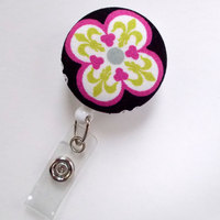 Fleur de Lis Flower Fabric Button Badge Reel - Nurse Badge Holder - Nursing Badge Reel - Retractable ID Badge Reel - Teacher Badge - Nurse - Thumbnail 1